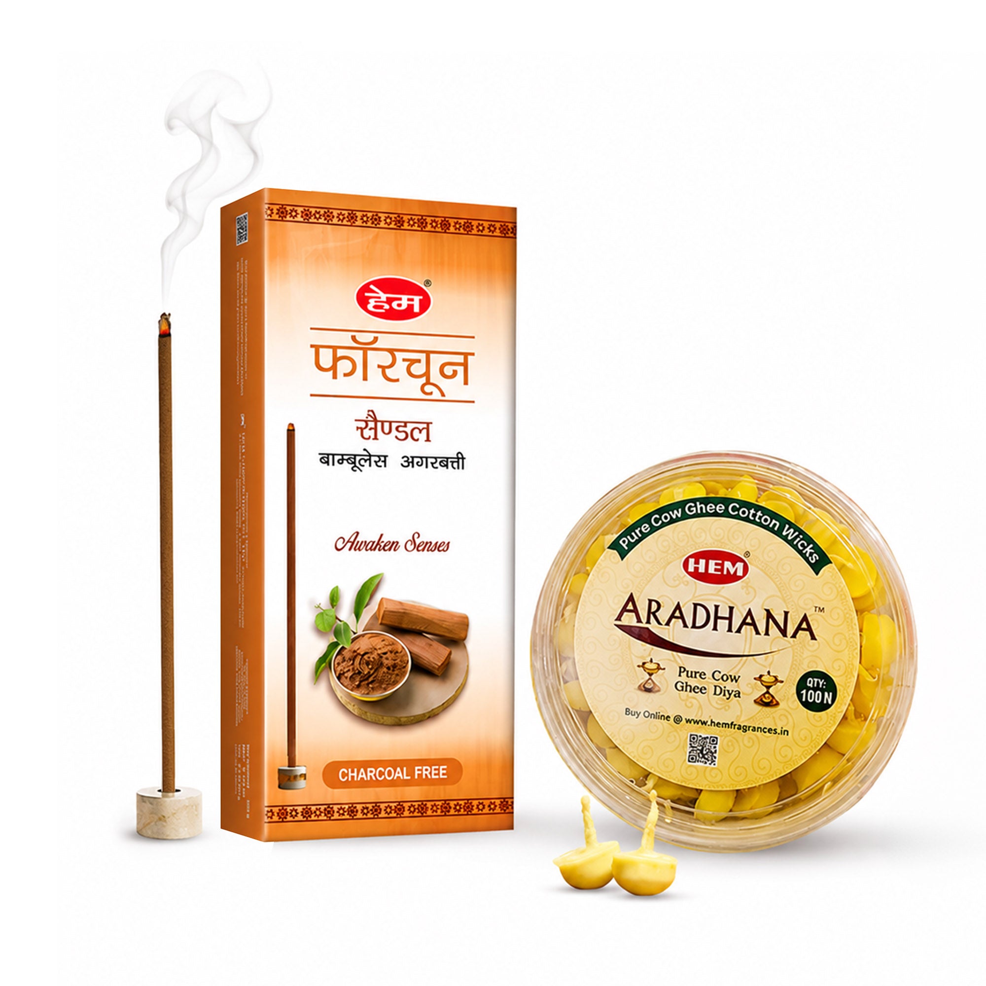 HEM Most Loved Combo 2 (Fortune Sandal Bambooless Incense Stick + Aradhana Pure Cow Ghee Diya)