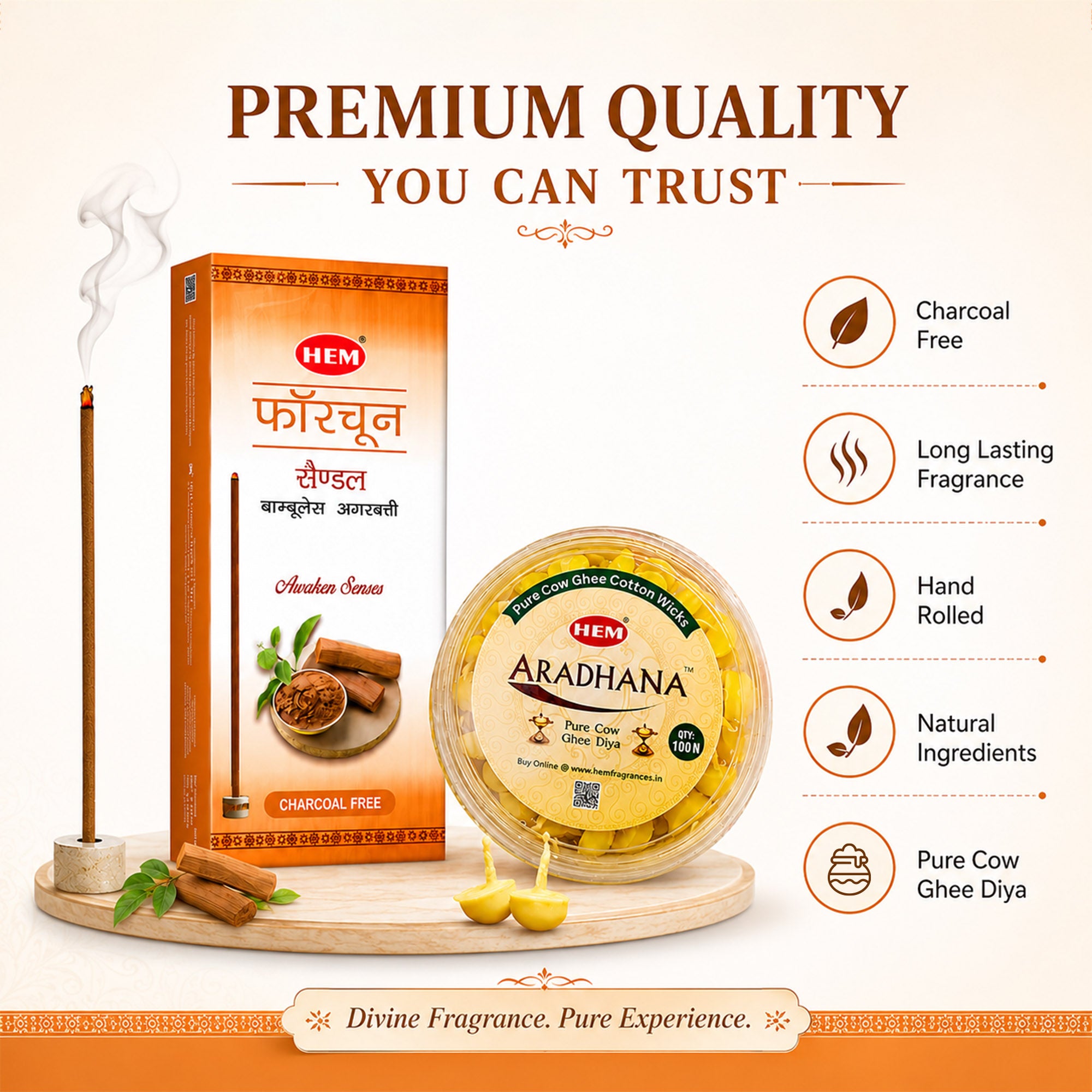 HEM Most Loved Combo 2 (Fortune Sandal Bambooless Incense Stick + Aradhana Pure Cow Ghee Diya)
