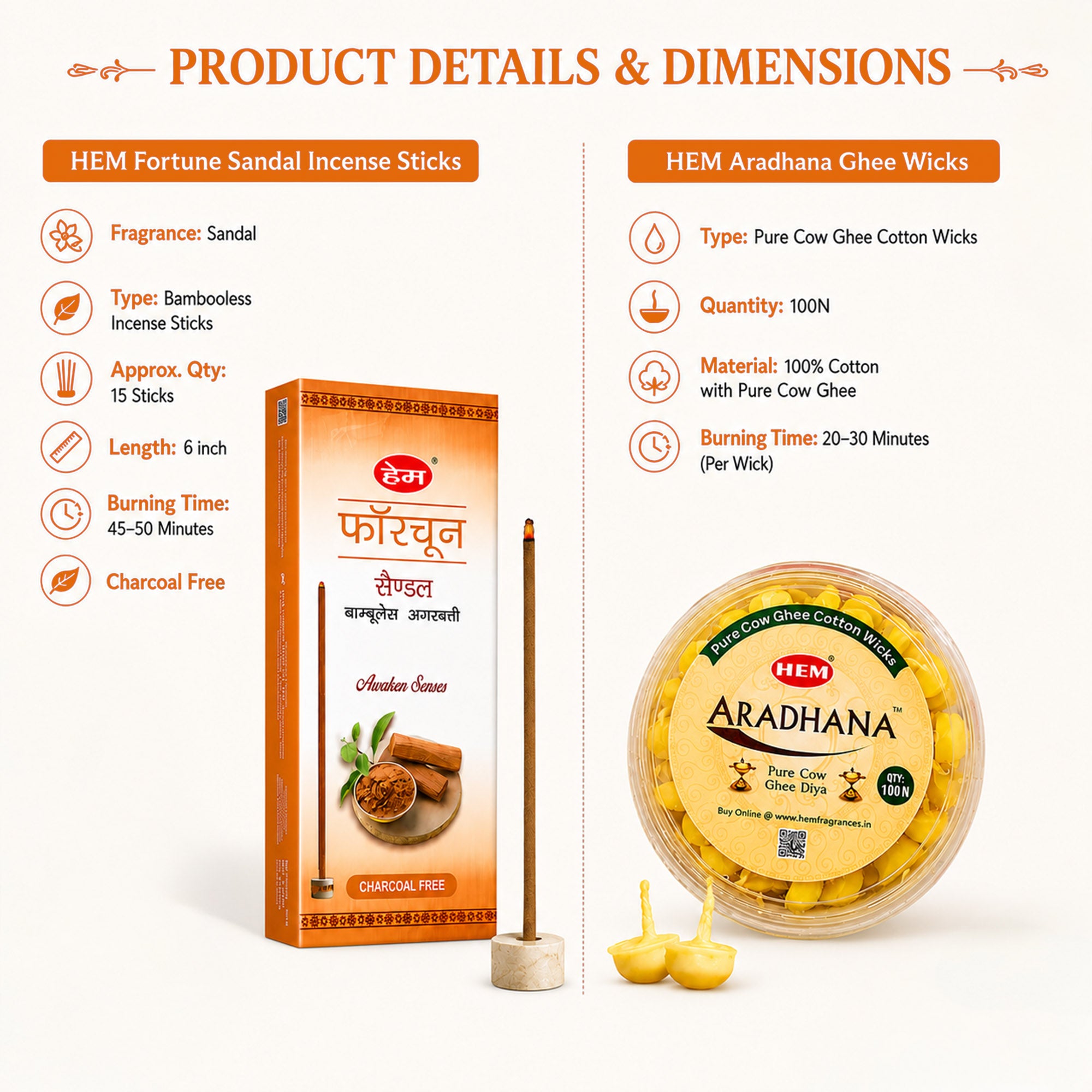 HEM Most Loved Combo 2 (Fortune Sandal Bambooless Incense Stick + Aradhana Pure Cow Ghee Diya)