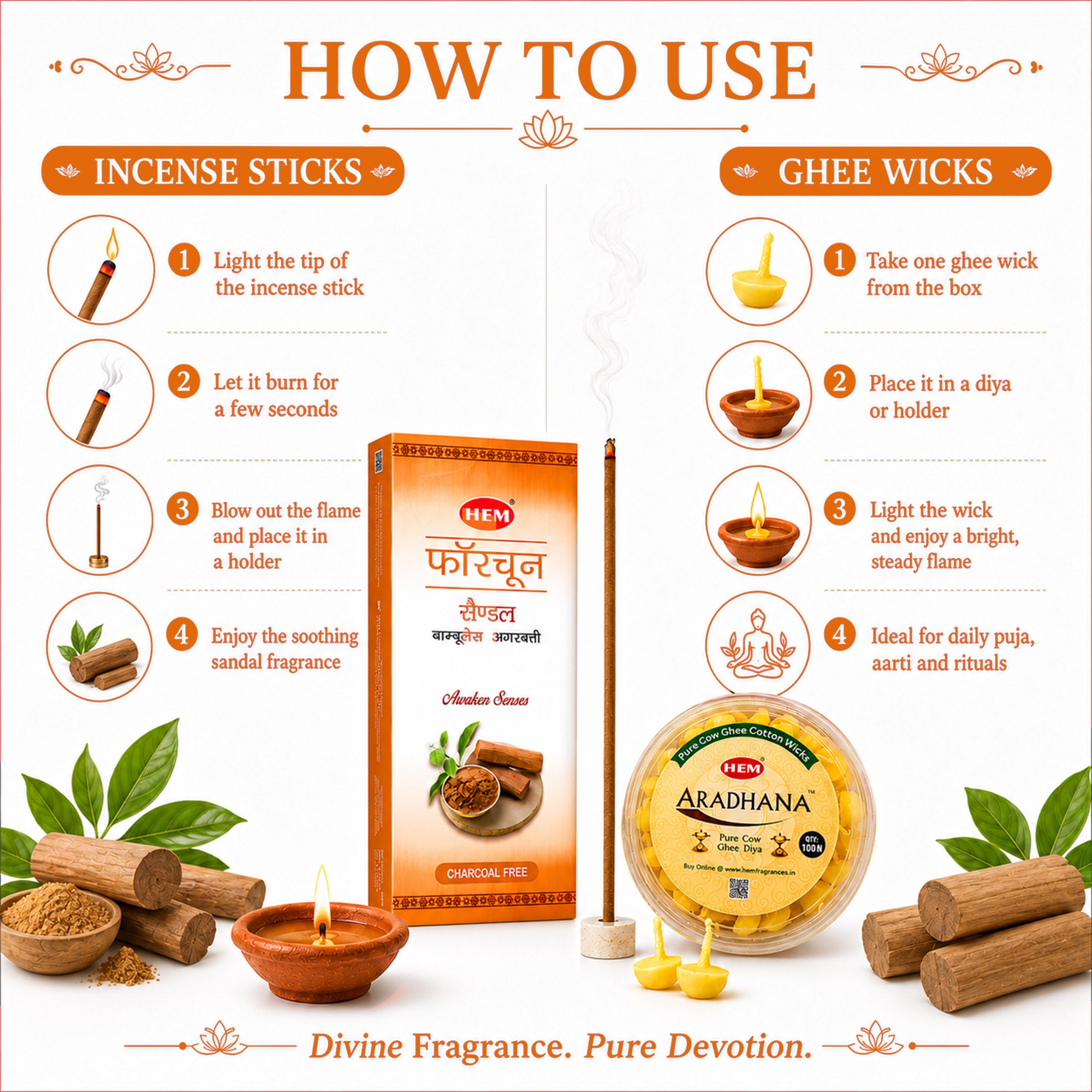 HEM Most Loved Combo 2 (Fortune Sandal Bambooless Incense Stick + Aradhana Pure Cow Ghee Diya)