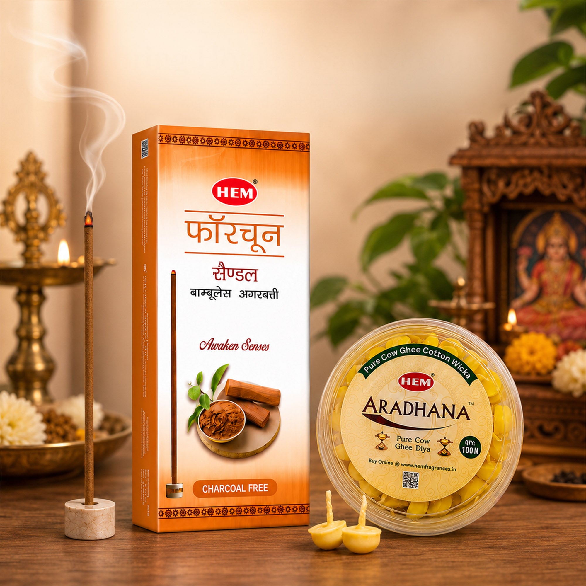 HEM Most Loved Combo 2 (Fortune Sandal Bambooless Incense Stick + Aradhana Pure Cow Ghee Diya)