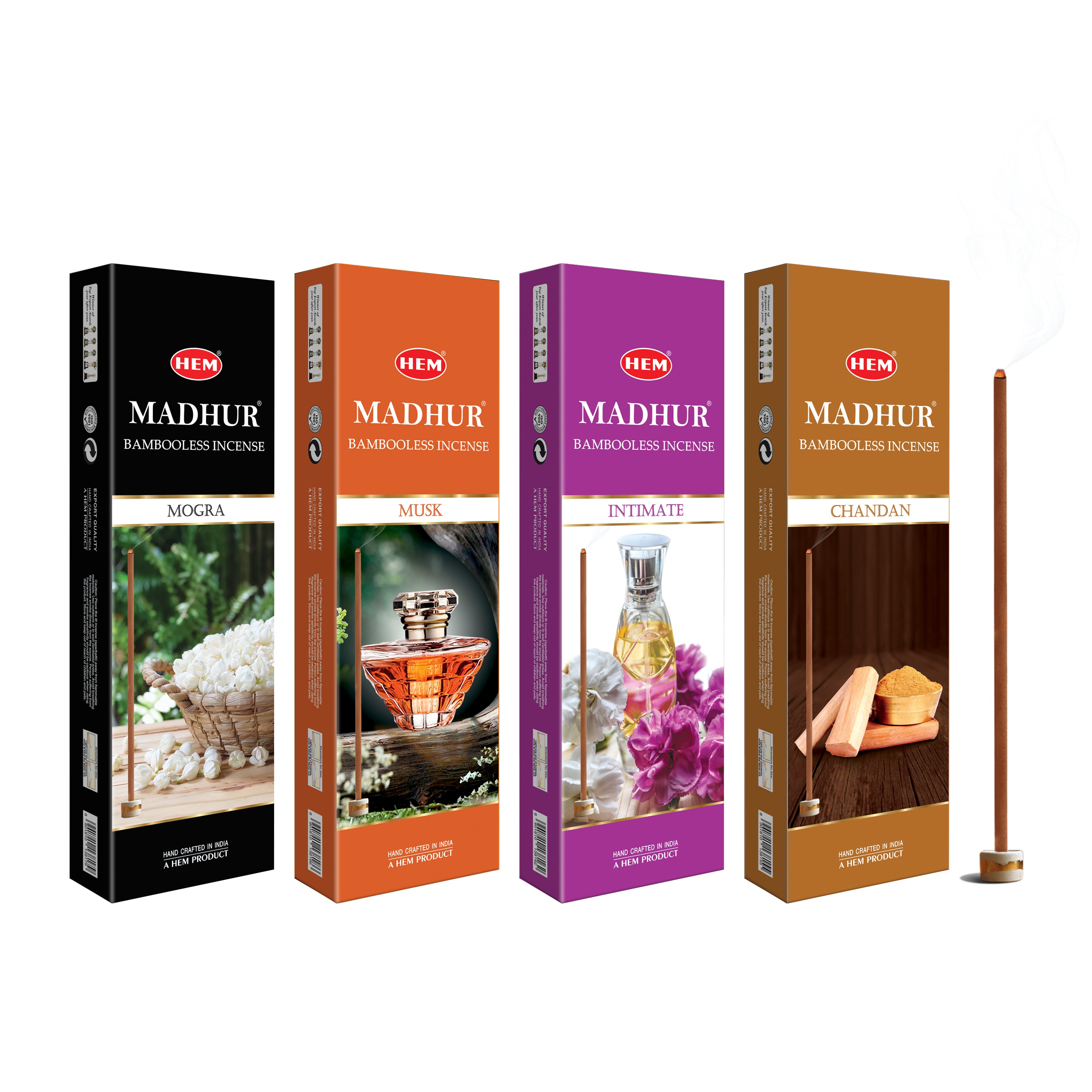 HEM Madhur Mogra, Chandan, Intimate & Musk Bambooless Incense Sticks (90g Each)