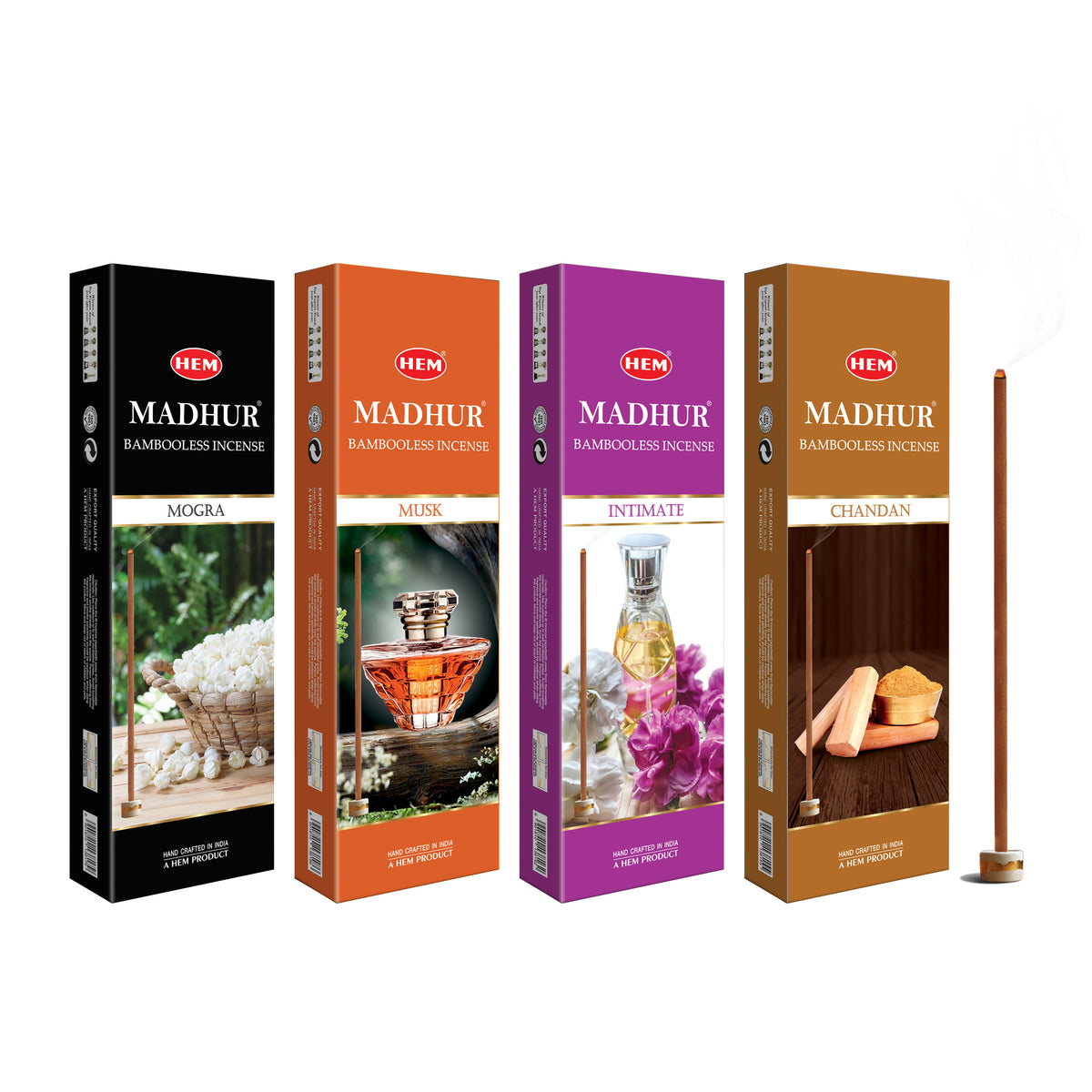 HEM Madhur Mogra, Chandan, Intimate & Musk Bambooless Incense Sticks (90g Each)