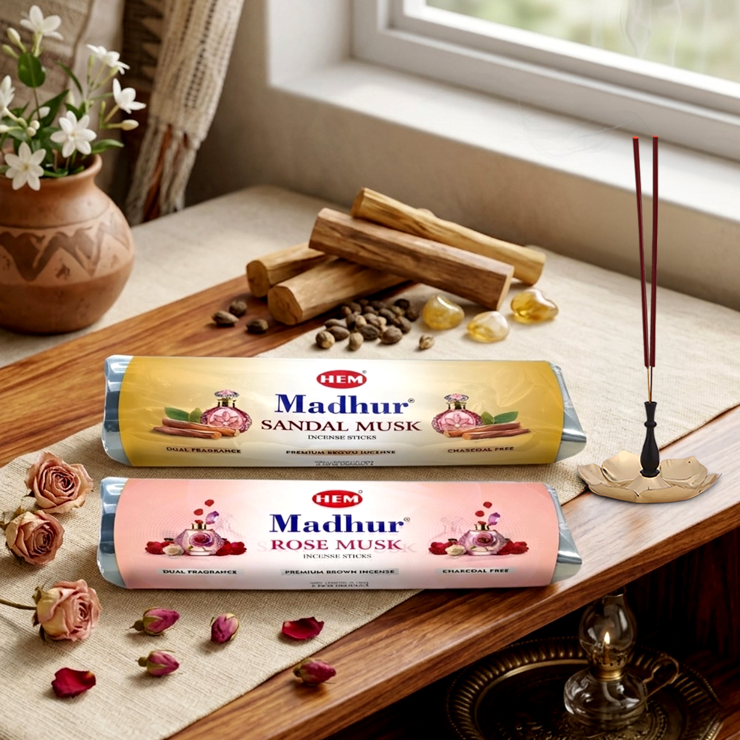 HEM Madhur Premium Dual Fragrance Incense Sticks Combo - (225g Each)