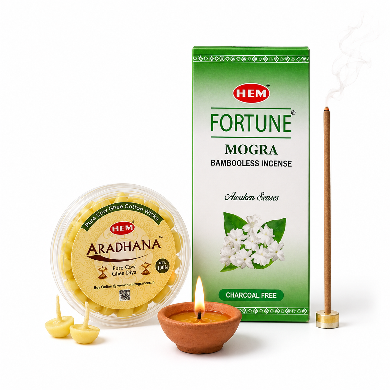 HEM Most Loved Combo (Fortune Mogra Bambooless Incense Stick + Aradhana Pure Cow Ghee Diya)