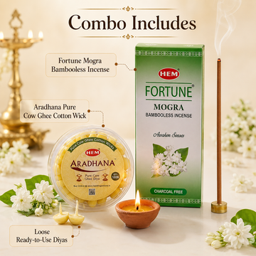 HEM Most Loved Combo (Fortune Mogra Bambooless Incense Stick + Aradhana Pure Cow Ghee Diya)