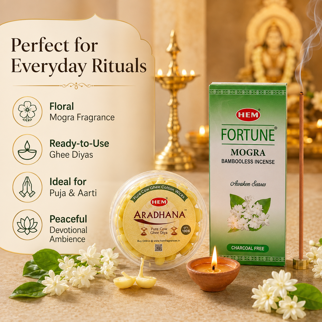 HEM Most Loved Combo (Fortune Mogra Bambooless Incense Stick + Aradhana Pure Cow Ghee Diya)