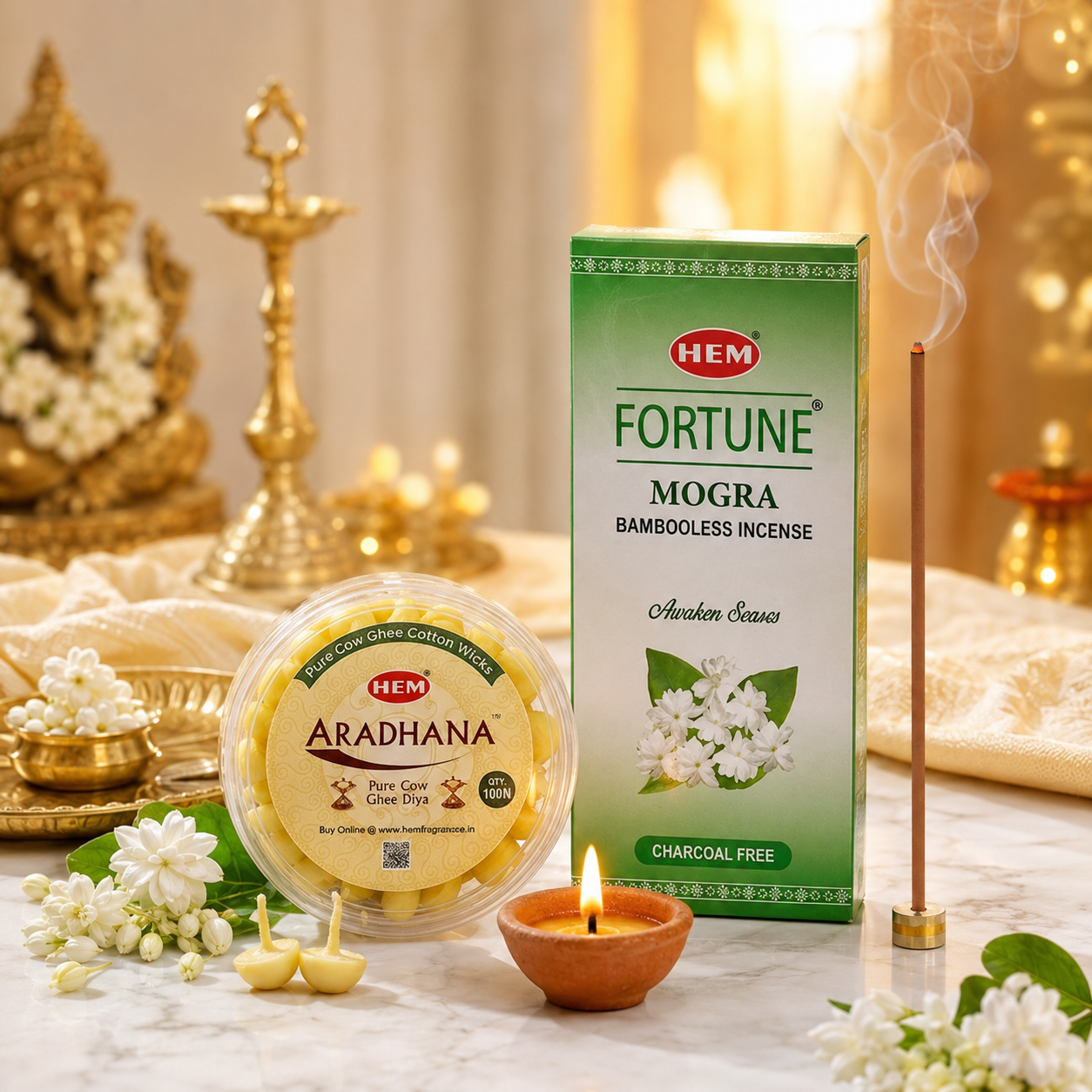 HEM Most Loved Combo (Fortune Mogra Bambooless Incense Stick + Aradhana Pure Cow Ghee Diya)