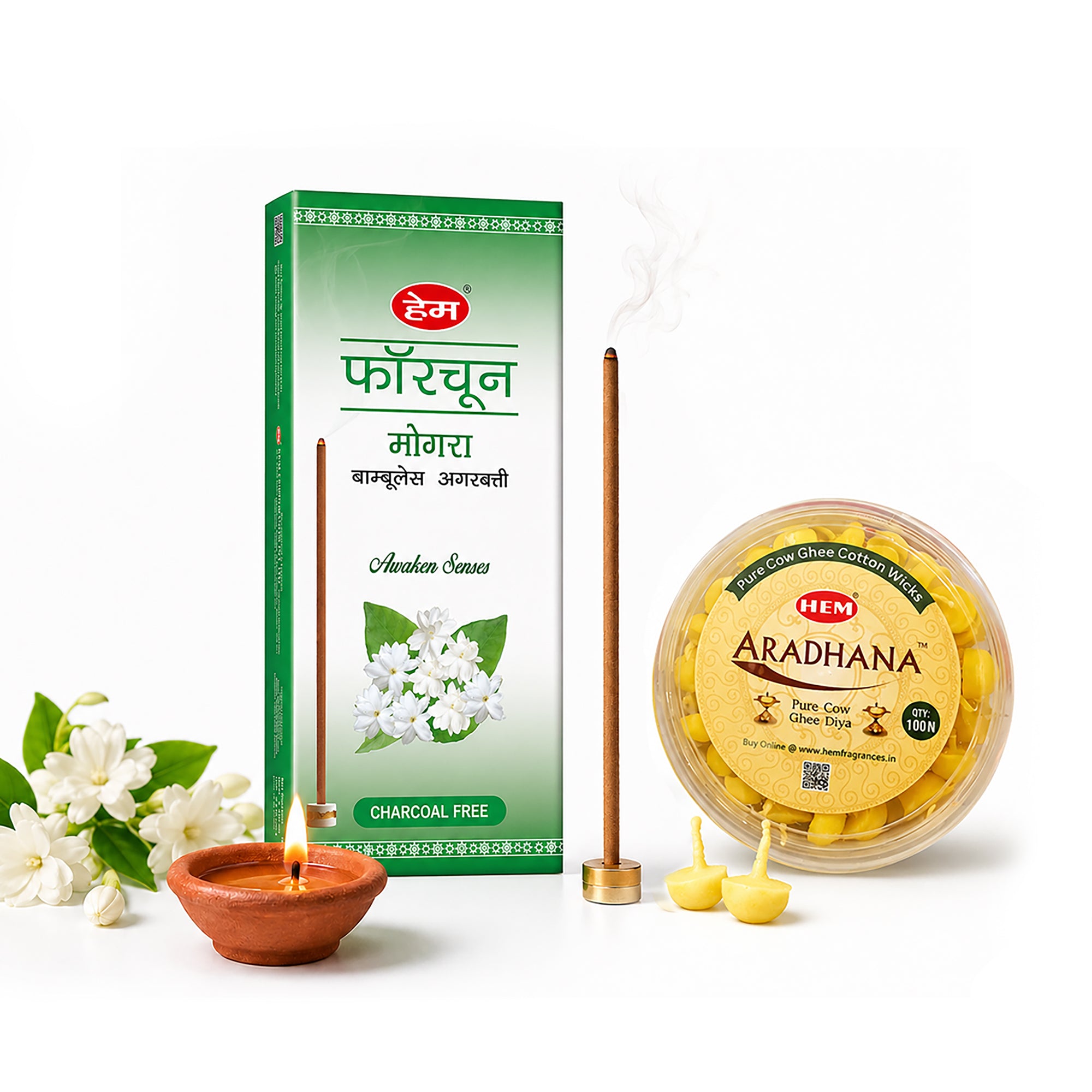 HEM Most Loved Combo (Fortune Mogra Bambooless Incense Stick + Aradhana Pure Cow Ghee Diya)