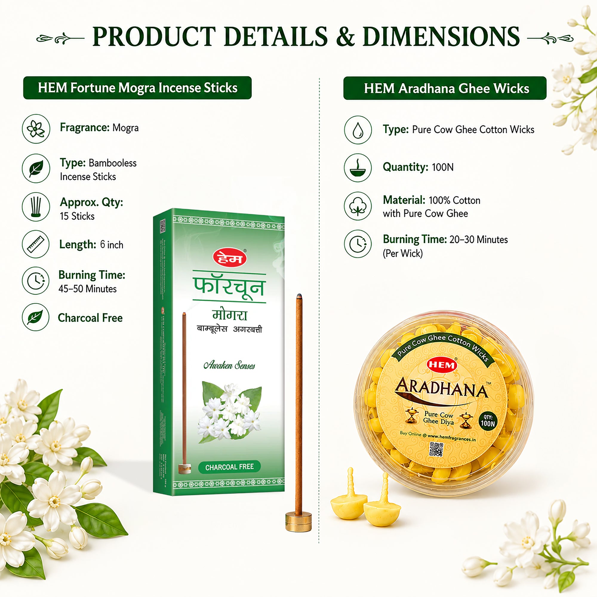 HEM Most Loved Combo (Fortune Mogra Bambooless Incense Stick + Aradhana Pure Cow Ghee Diya)