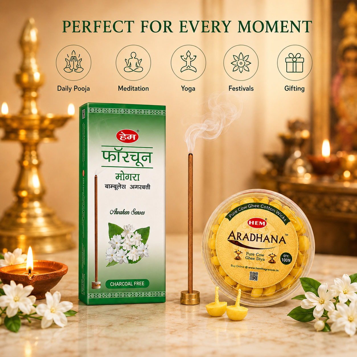 HEM Most Loved Combo (Fortune Mogra Bambooless Incense Stick + Aradhana Pure Cow Ghee Diya)