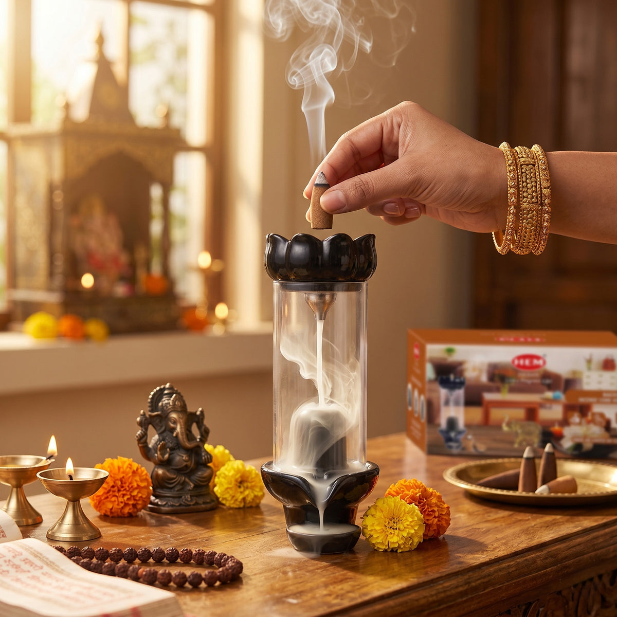 HEM Pind Fall Ceramic Backflow Cone Burner  + 1 Pack of Backflow Dhoop cone (10 Cones in a Pack)
