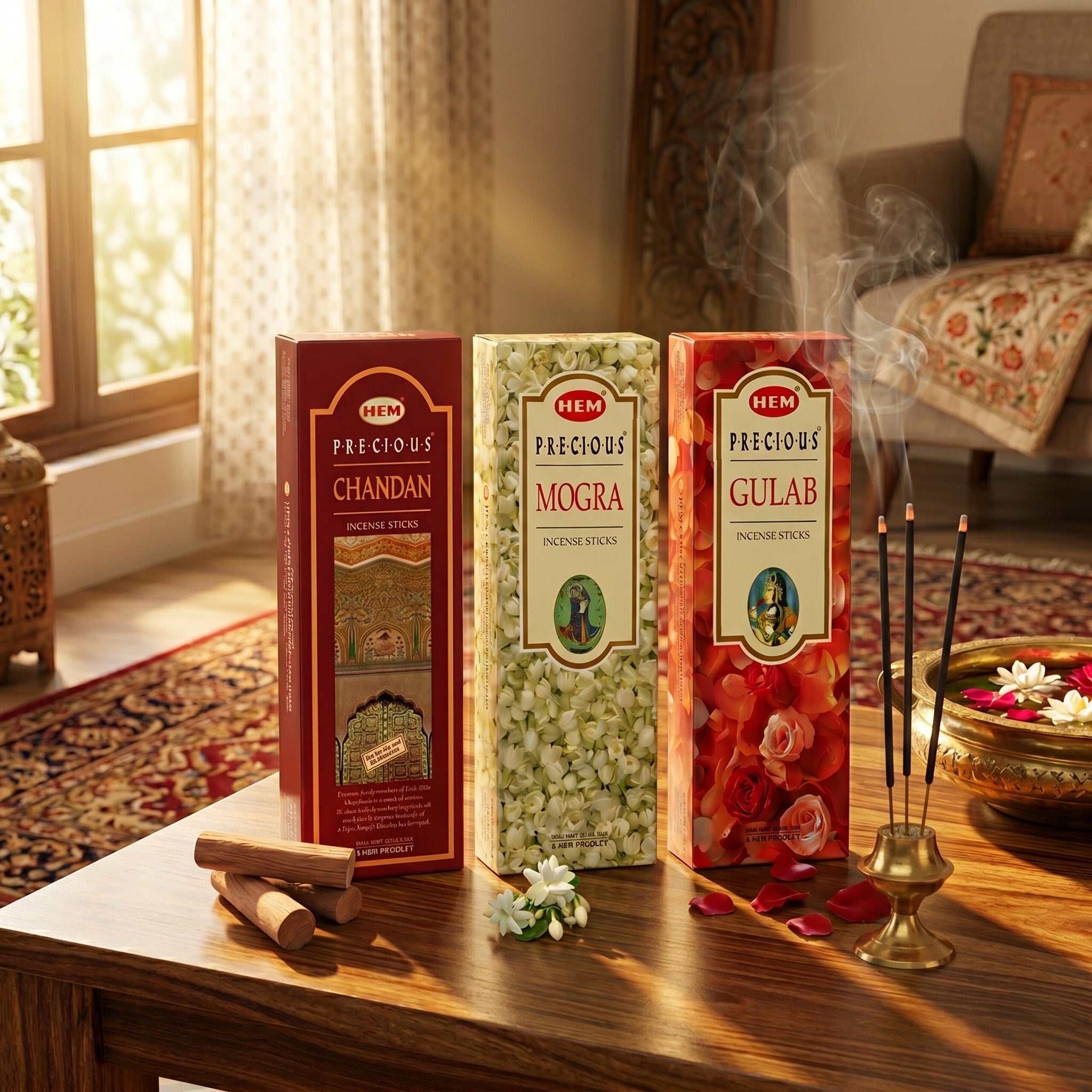 HEM Precious Incense Sticks (Precious Chandan 210g + Precious Mogra 210g + precious Gulab 210g)