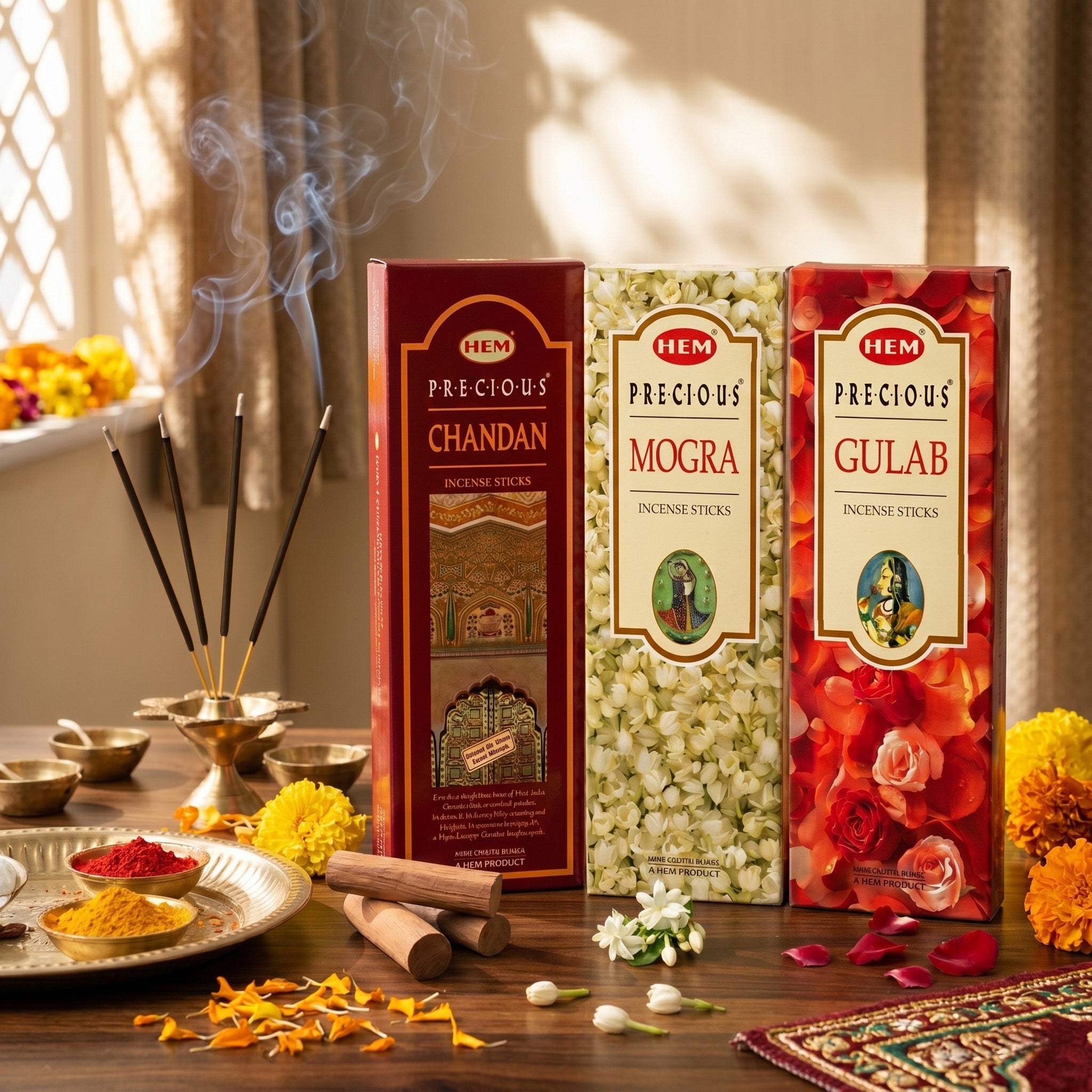 HEM Precious Incense Sticks (Precious Chandan 210g + Precious Mogra 210g + precious Gulab 210g)
