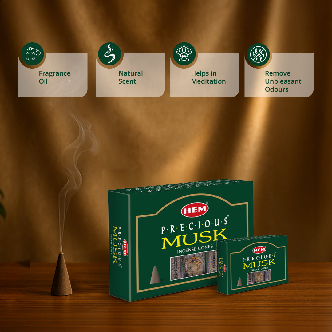 HEM Precious Musk Dhoop Cones - Pack of 12 (10 Cones Each)