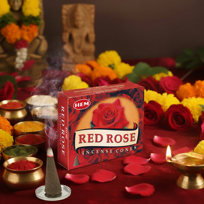 HEM Red Rose Dhoop Cones - Pack of 12 (10 Cones Each)