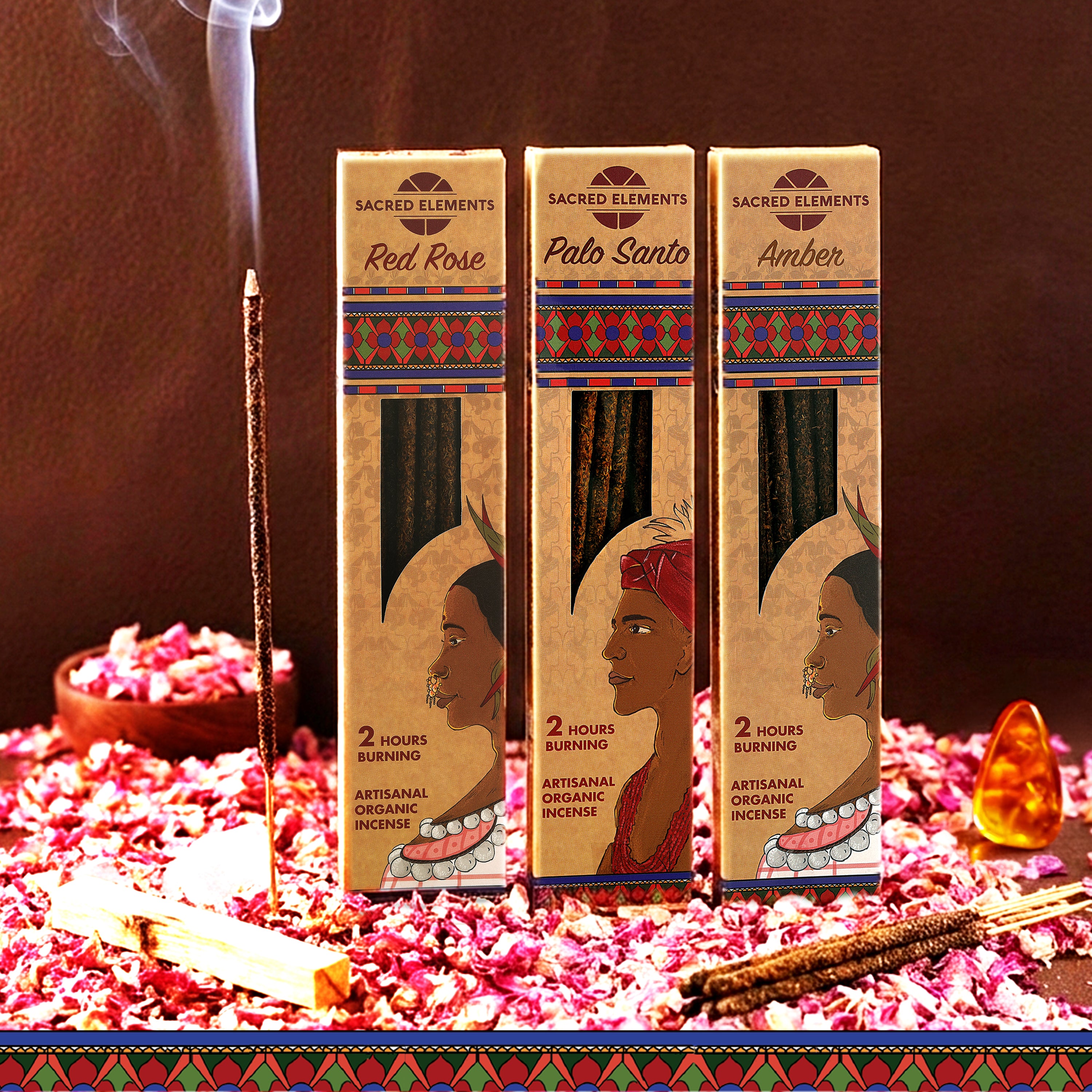 Sacred Elements Incense Sticks Combo (Red Rose, Amber & Palo Santo)