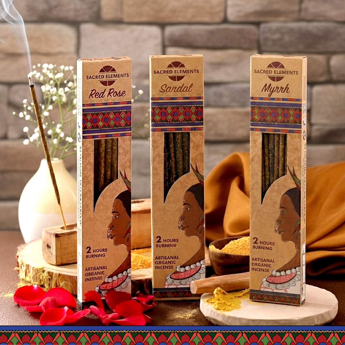 Sacred Elements Incense Sticks Combo (Red Rose, Sandal & Myrrh)