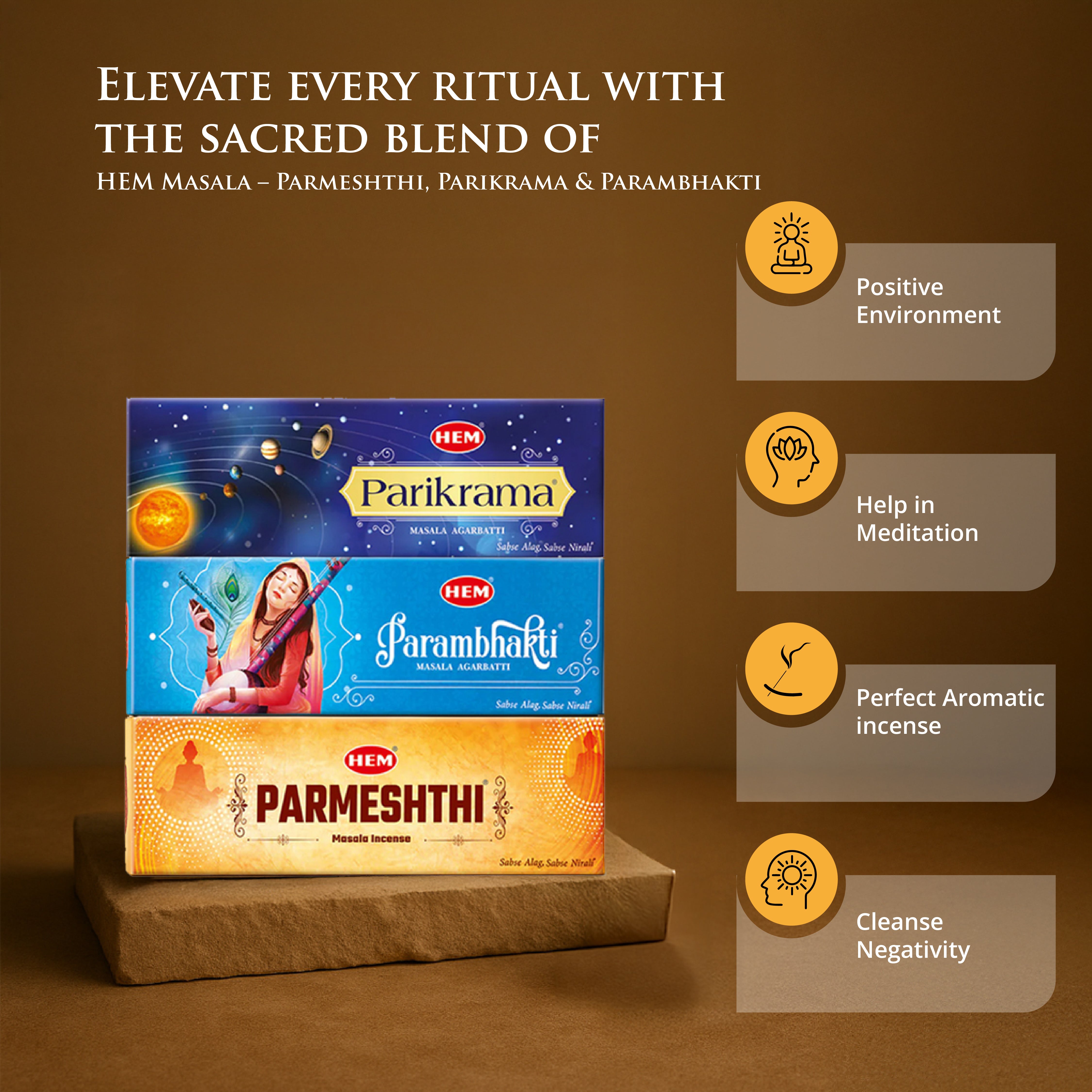 HEM Masala Incense Sticks combo pack [Parmeshthi 50g + Parikrama 50g + Parambhakti 50g]