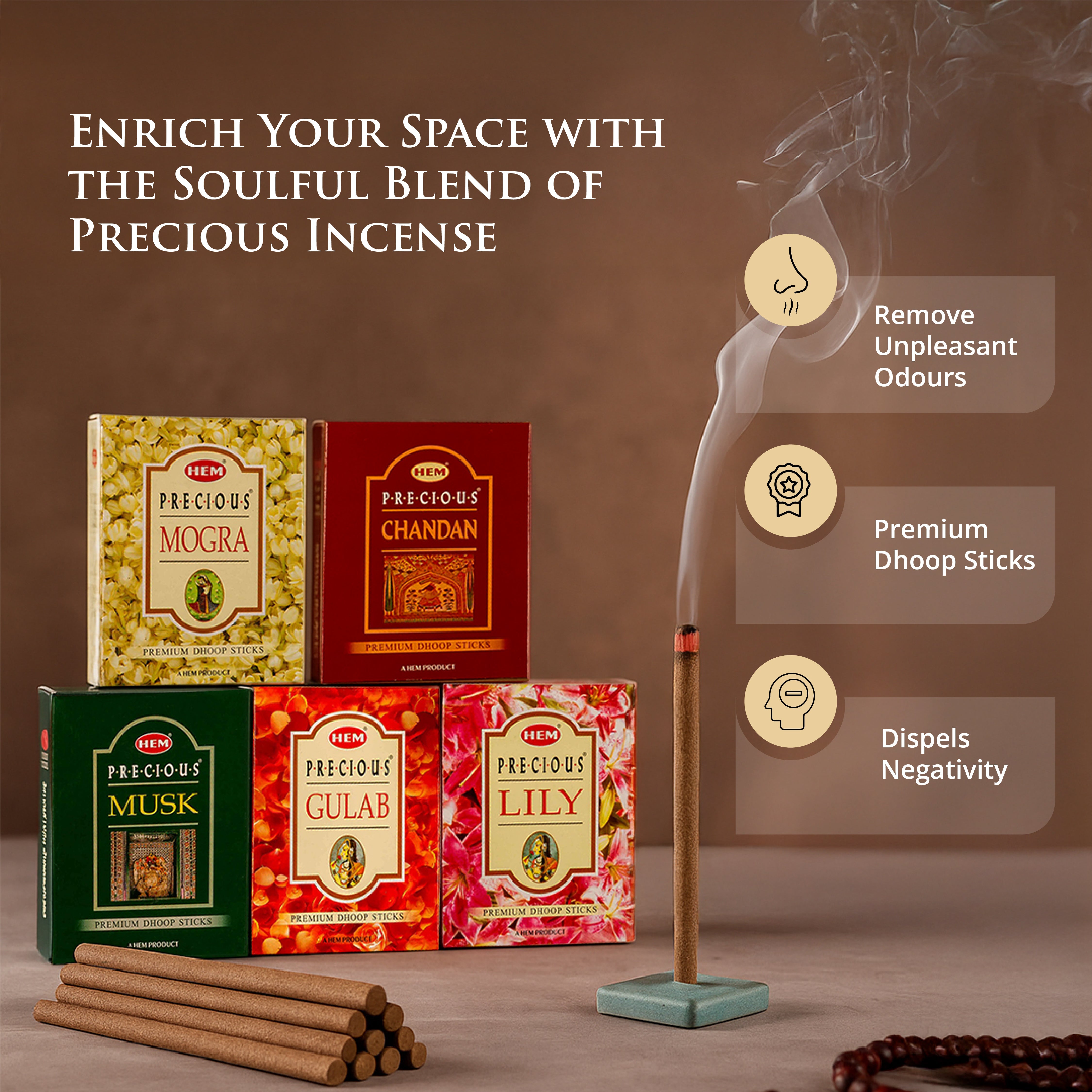 HEM Precious 5 Assorted Incense Dhoop Sticks - Pack of 5 (60g Each)