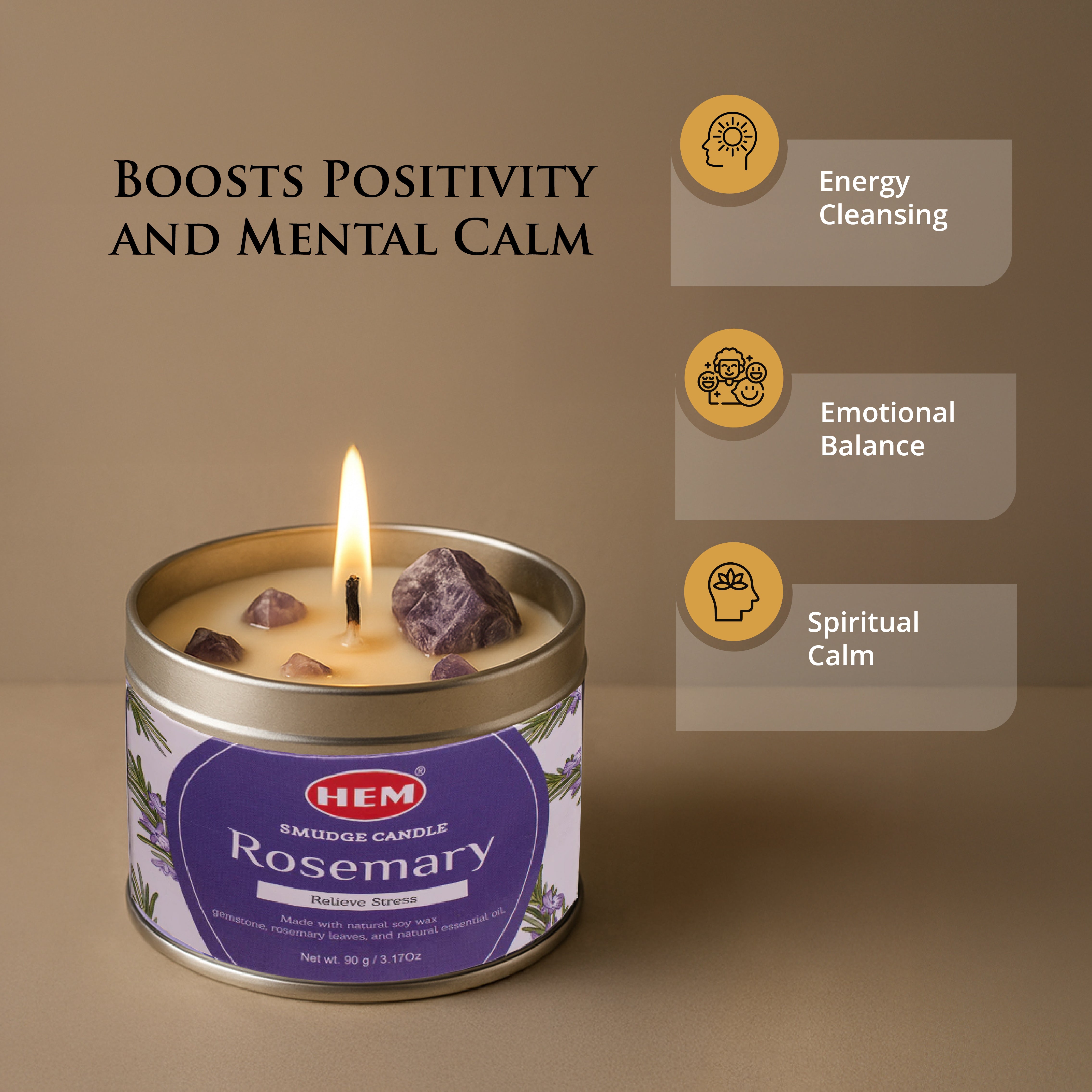 Rosemary Smudge Candles Soy Wax Candles with Crystals