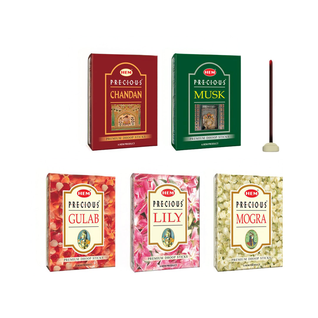 HEM Precious 5 Assorted Incense Dhoop Sticks - Pack of 5 (60g Each)