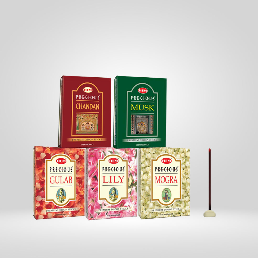 HEM Precious 5 Assorted Incense Dhoop Sticks - Pack of 5 (60g Each)