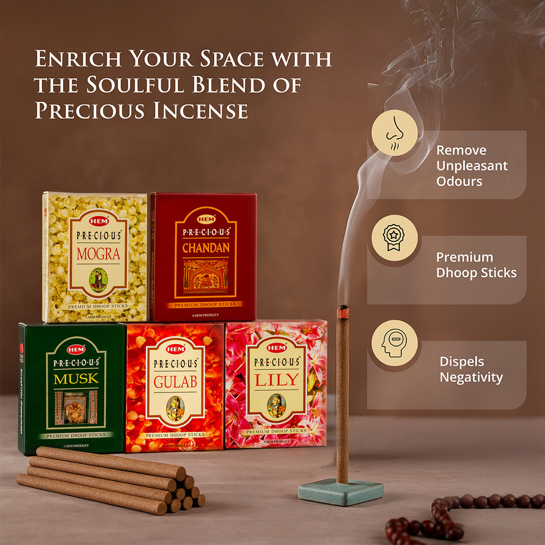 HEM Precious 5 Assorted Incense Dhoop Sticks - Pack of 5 (60g Each)