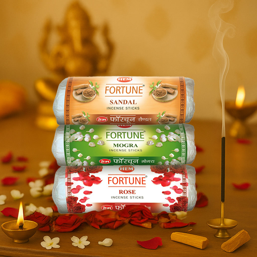 HEM Fortune Sandal + Mogra + Rose Incense Sticks - Pack of 3 (250g Each)