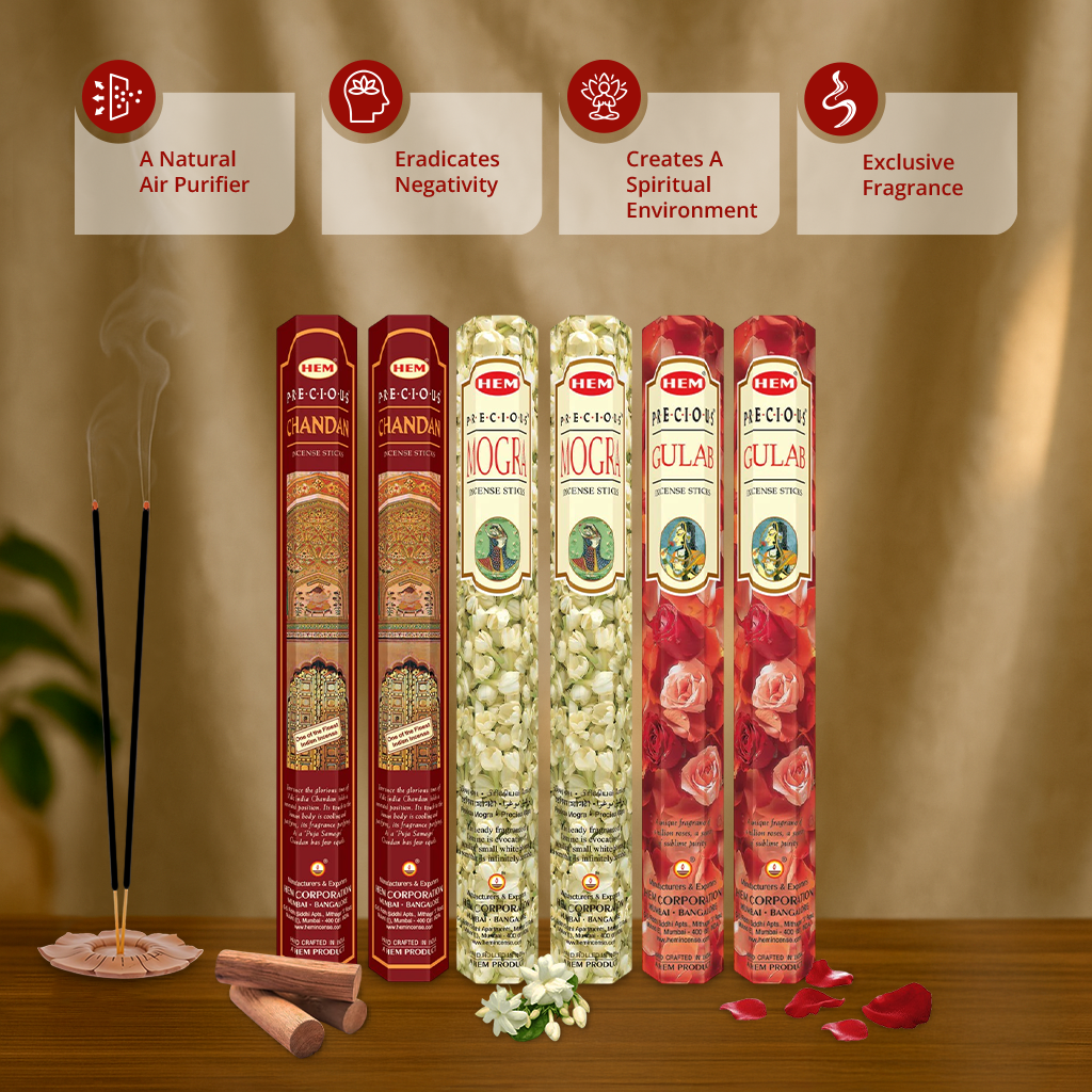 HEM Precious Incense Sticks 3 in 1 Combo pack of 6 (20 Sticks Each)