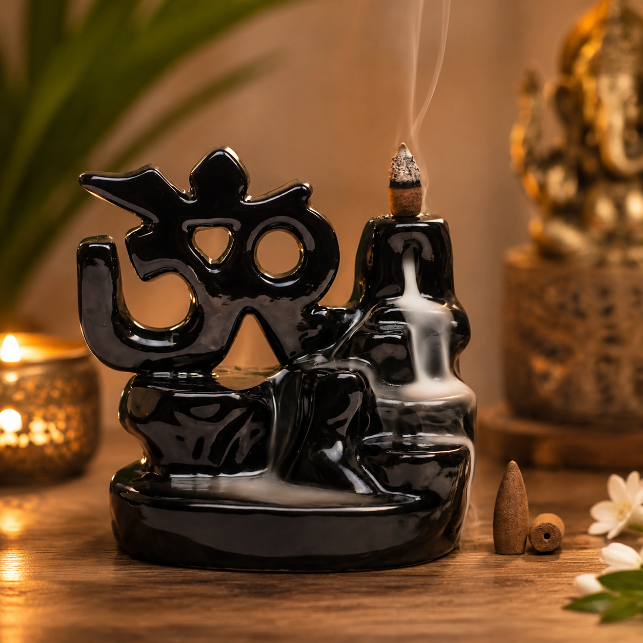 HEM Om Ceramic Backflow Cone Burner  + 1 Pack of Backflow Dhoop cone (10 Cones in a Pack)