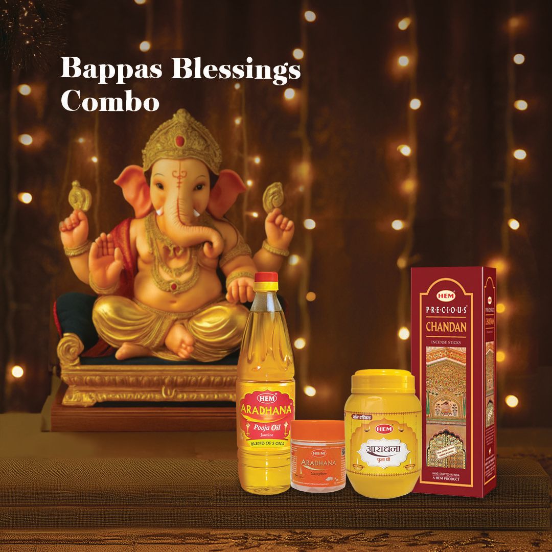 Bappa's Blessings Combo (HEM Aradhana Camphor + HEM Aradhana Pooja Ghee + HEM Aradhana Pooja Oil + HEM Precious Chandan Incense Sticks)