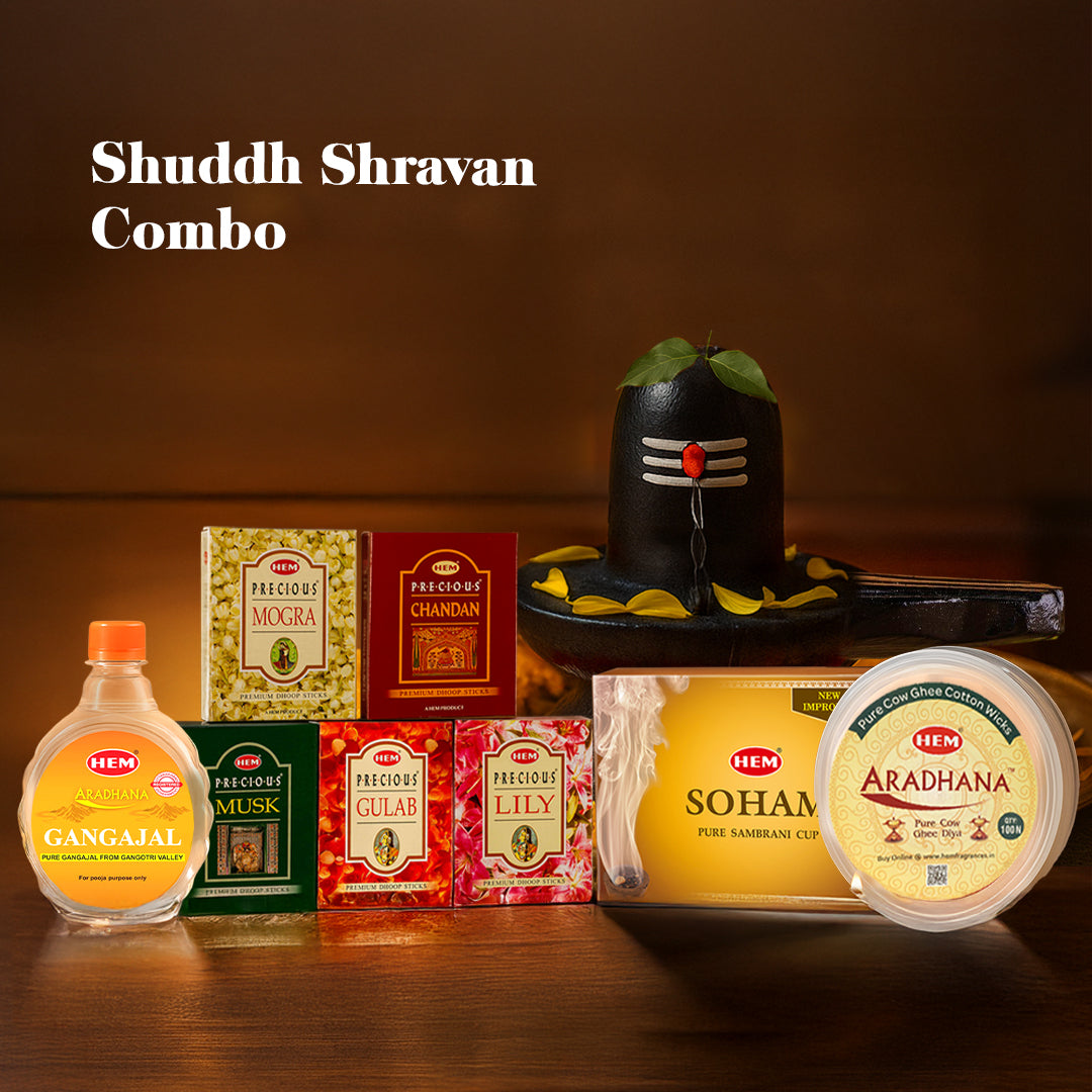 Shuddh Shravan Combo (HEM Aradhana Pure Cow Ghee Diya + HEM Precious Assorted Incense Dhoop Sticks + Soham Pure Sambrani Dhoop Cup + HEM Aradhana Gangajal)