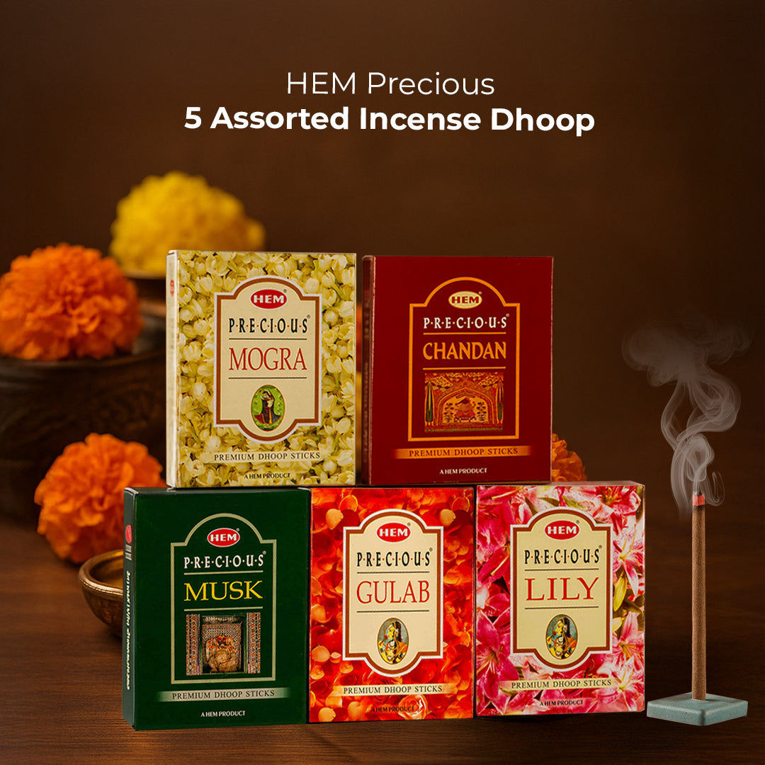 Shuddh Shravan Combo (HEM Aradhana Pure Cow Ghee Diya + HEM Precious Assorted Incense Dhoop Sticks + Soham Pure Sambrani Dhoop Cup + HEM Aradhana Gangajal)