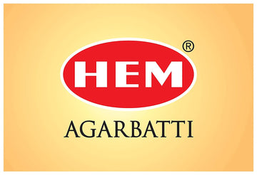 HEM Agarbatti logo with a red oval and bold white font on a yellow gradient background.