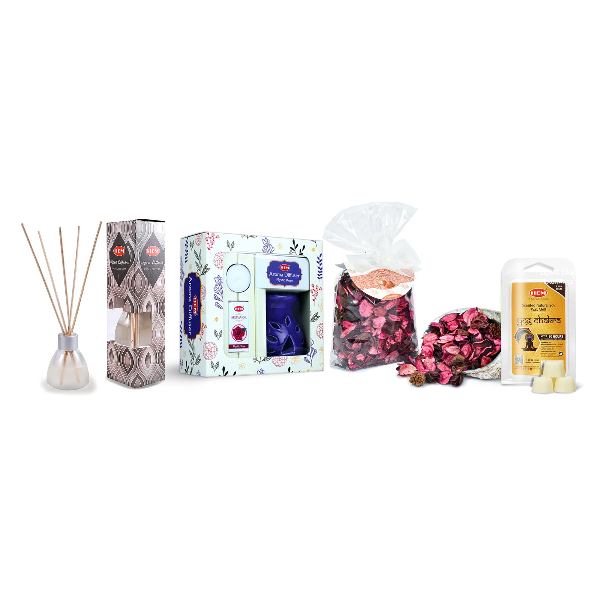 Assorted boxed and packaged home fragrance products including reed diffusers, potpourri, and wax melts, arranged in a row against a white background.
