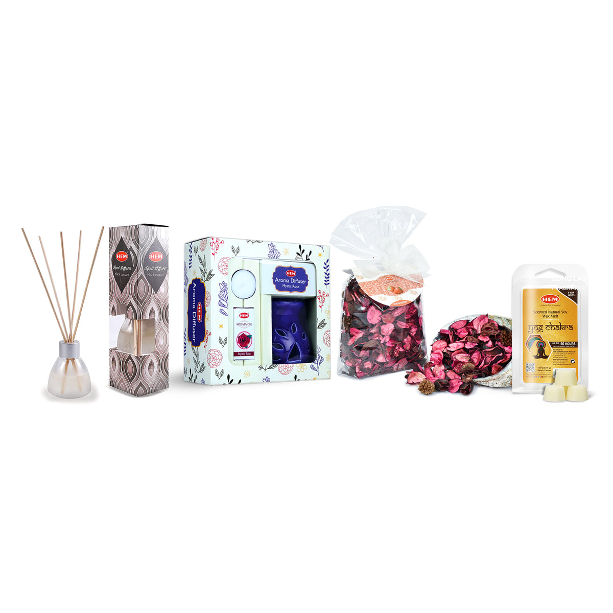Assorted boxed and packaged home fragrance products including reed diffusers, potpourri, and wax melts, arranged in a row against a white background.