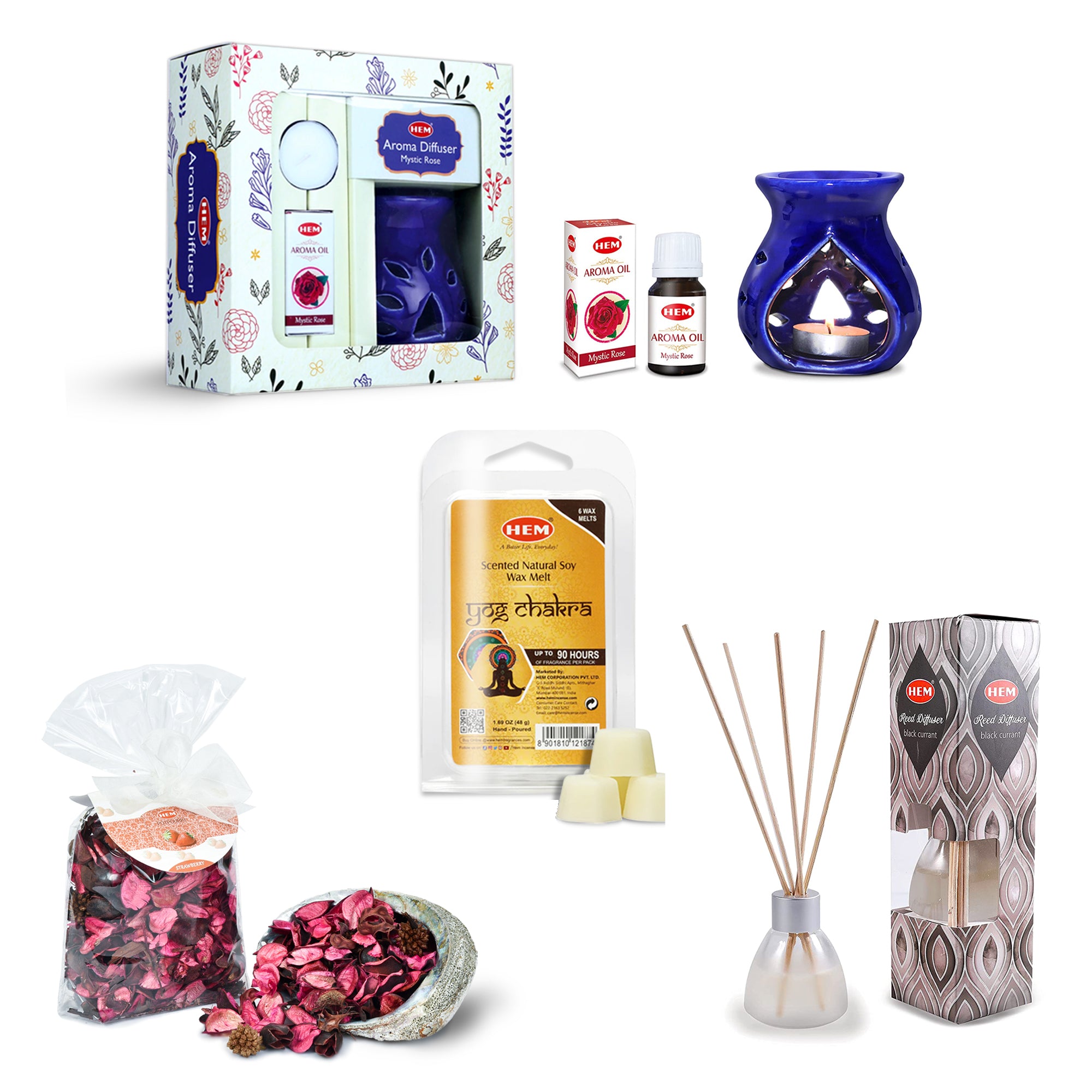 An assortment of aromatic products including an aroma diffuser with essential oils, a blue ceramic oil burner with a candle, incense cones, potpourri, and a reed diffuser in various packaging.
