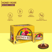 Load image into Gallery viewer, HEM Honey Rose Dhoop Cones - Pack of 12 (10 Cones Each)