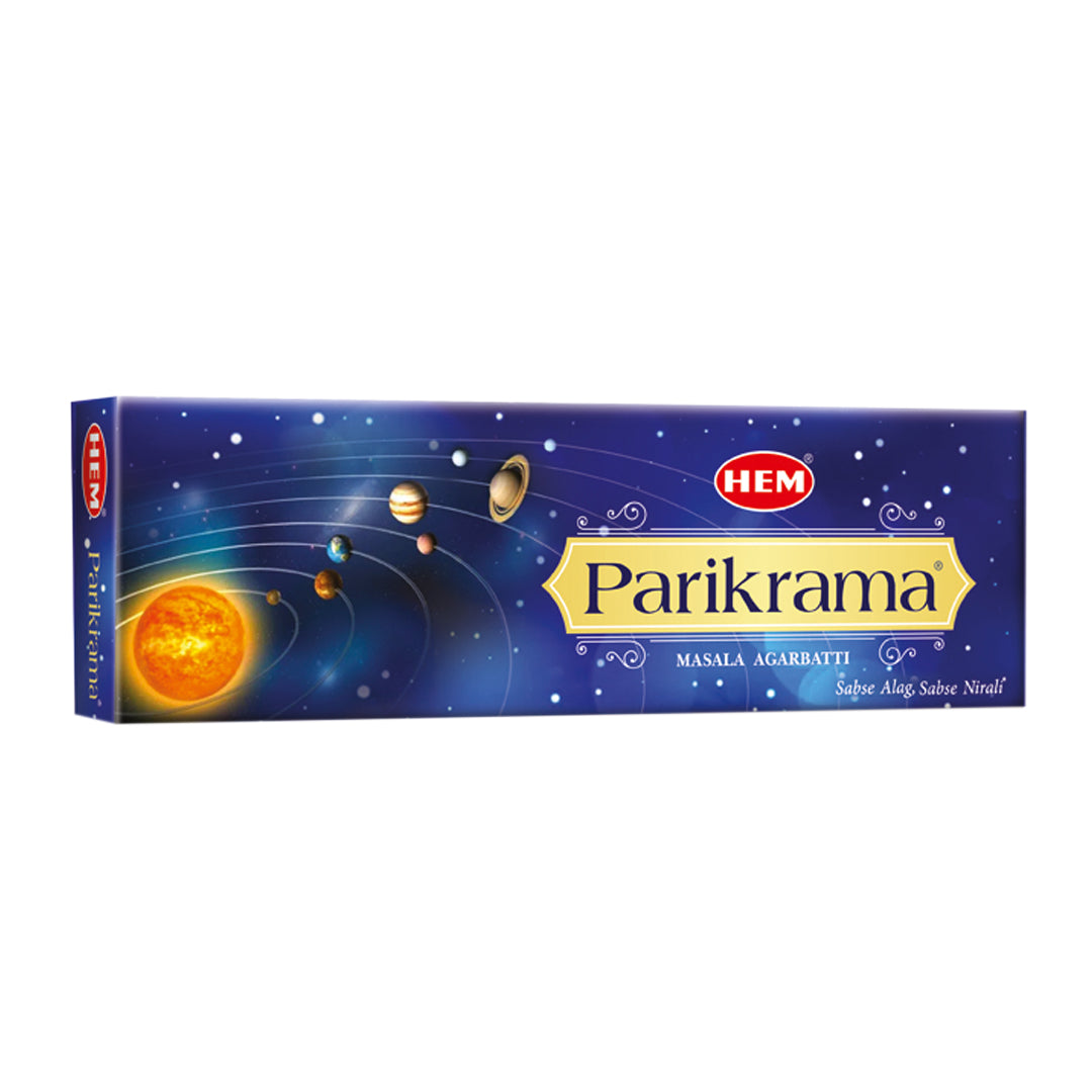 A box of HEM Parikrama Masala Agarbatti with a design depicting the solar system on a blue background.