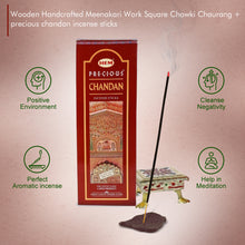 Load image into Gallery viewer, Wooden Handcrafted Meenakari Work Square Chowki Chaurang + precious chandan incense sticks
